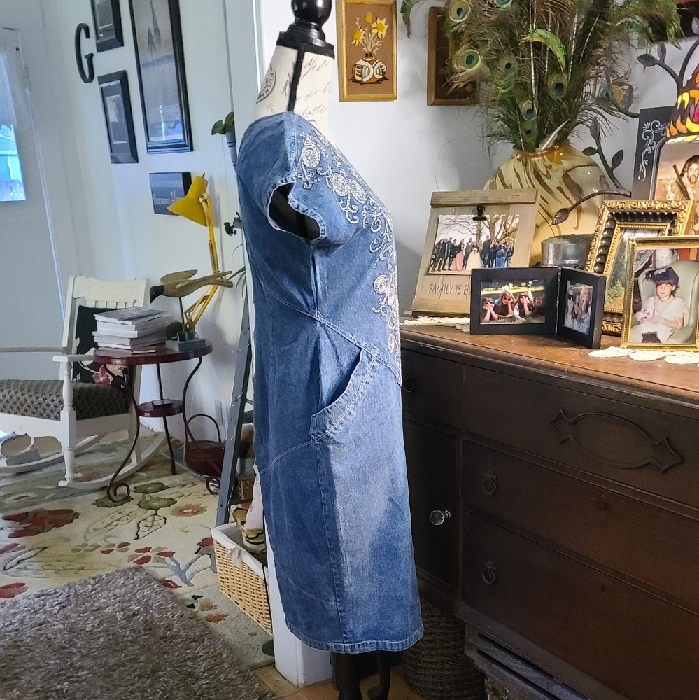 Vintage jean Dress 1990 pockets blue midi - Picture 3 of 15